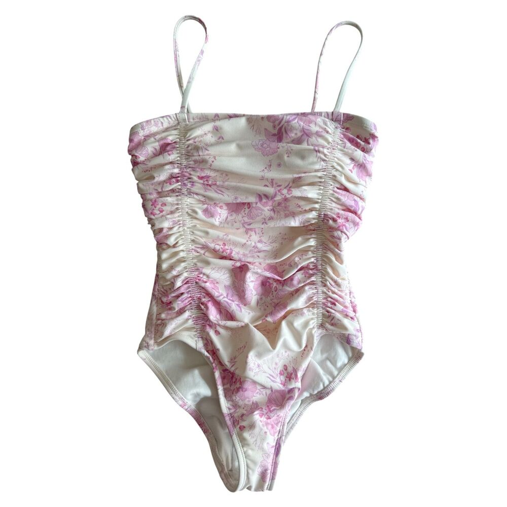 Shade & Shore Floral Tunneled One-Piece Swimsuit - Cream/Pink Size Small NWOT